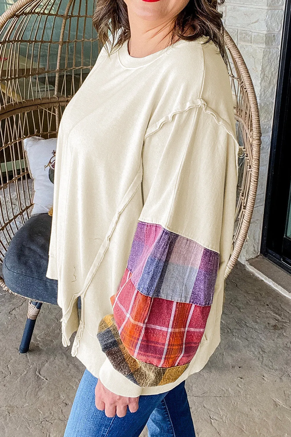 Beige Plus Size Patchwork Sleeve Pullover Top sold by Beagle Boutique product image thumbnail 3