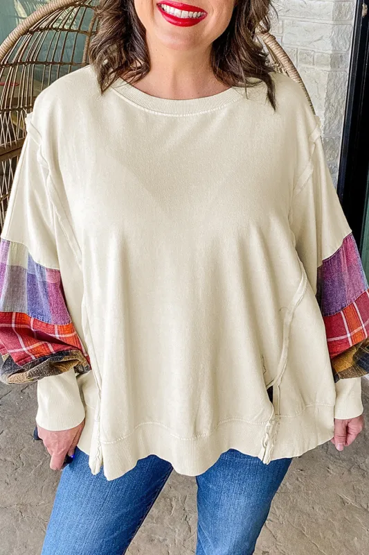 Beige Plus Size Patchwork Sleeve Pullover Top sold by Beagle Boutique
