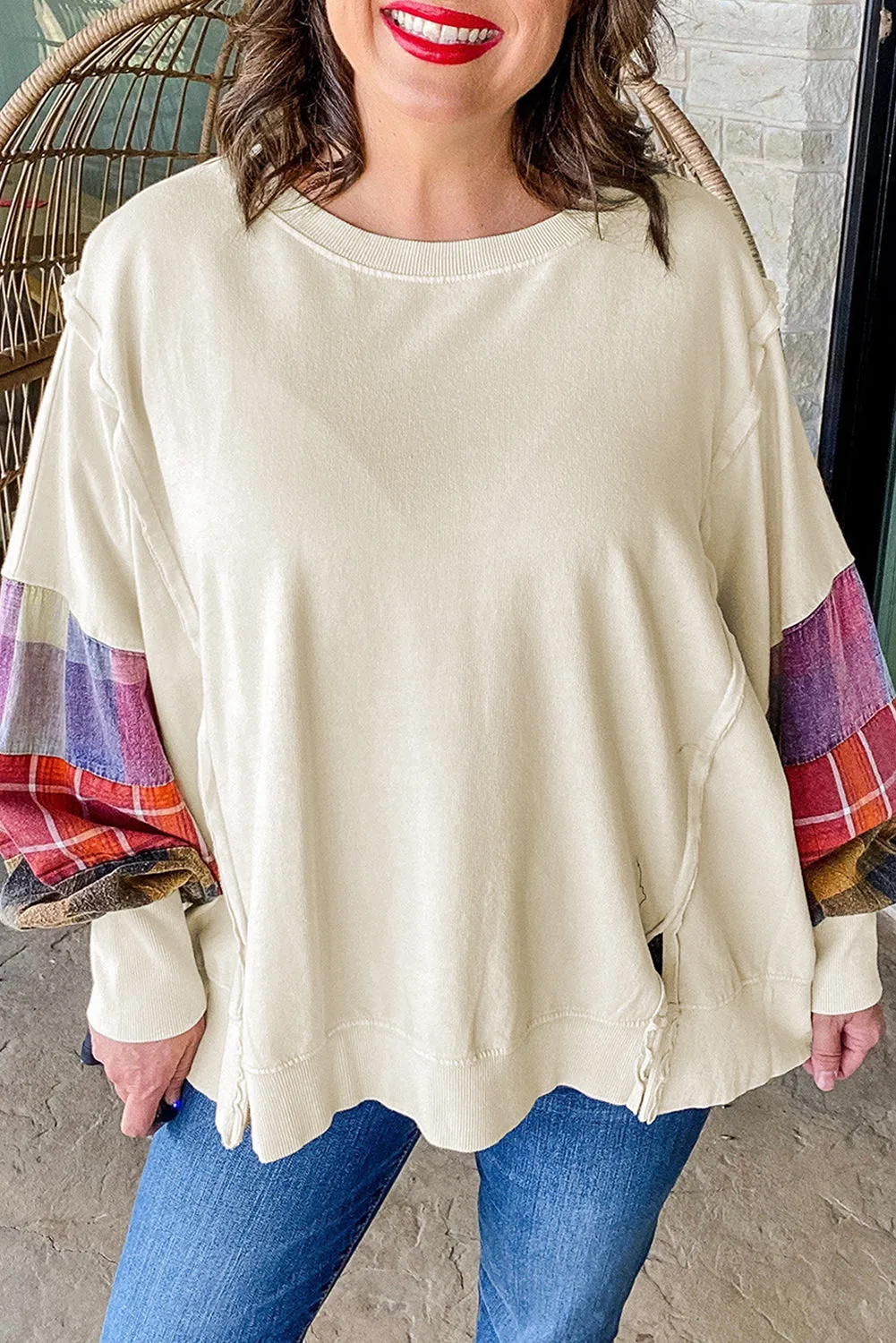 Beige Plus Size Patchwork Sleeve Pullover Top sold by Beagle Boutique