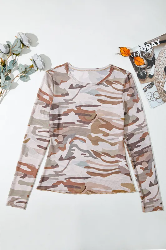 Camouflage Print Mesh Long Sleeve Top sold by Beagle Boutique