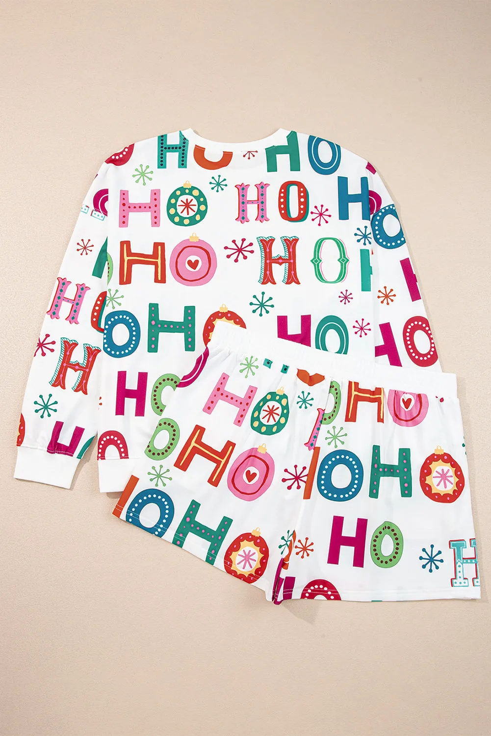White Plus Size Christmas Ho Ho Ho Print Long Sleeve Top and Shorts 2pc Lounge Set sold by Beagle Boutique product image thumbnail 3