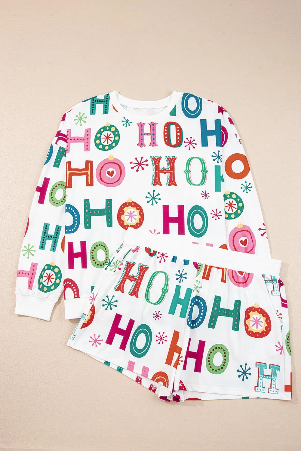 White Plus Size Christmas Ho Ho Ho Print Long Sleeve Top and Shorts 2pc Lounge Set sold by Beagle Boutique product image thumbnail 2