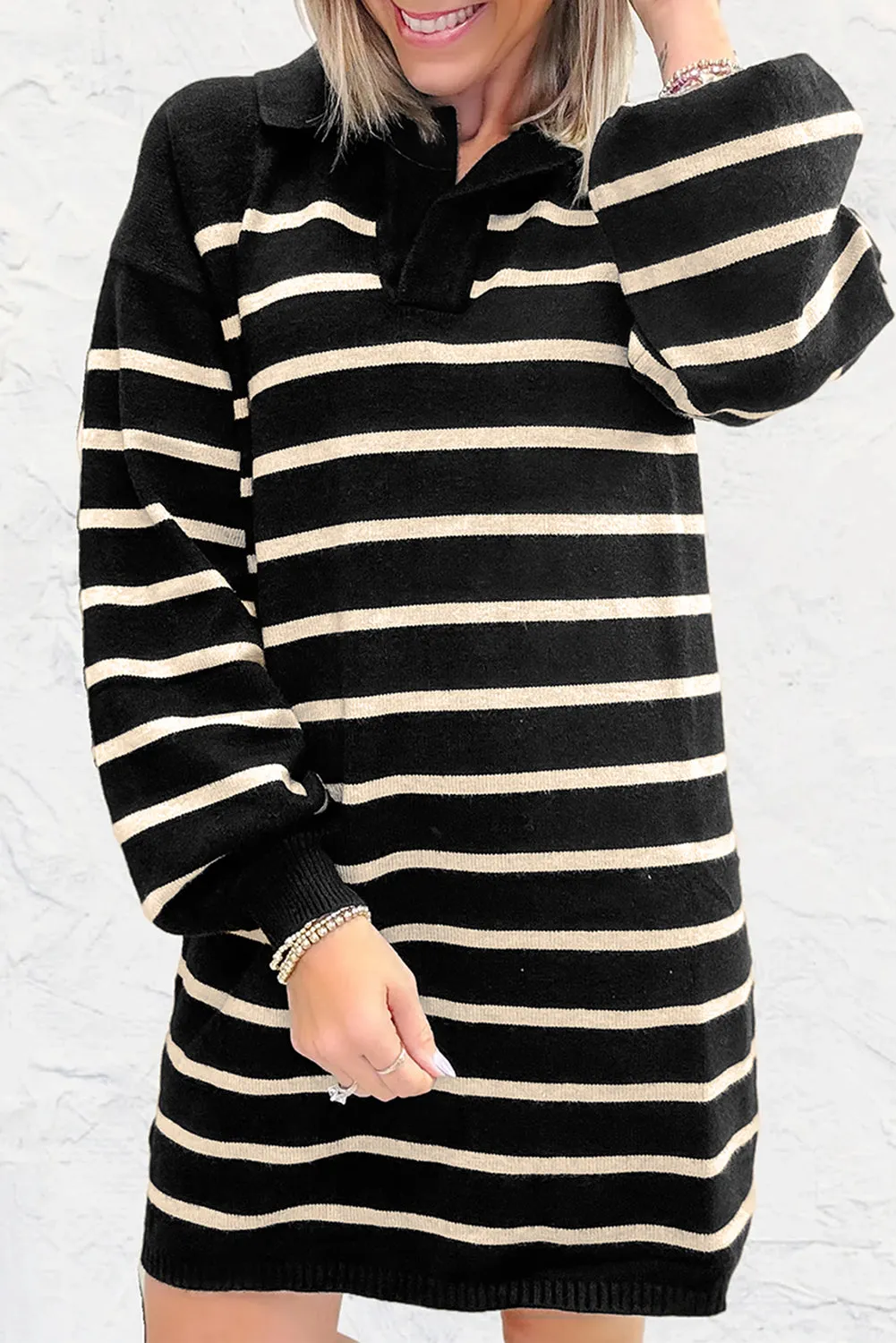 Striped Polo Collar Puff Sleeve Sweater Mini Dress sold by Beagle Boutique