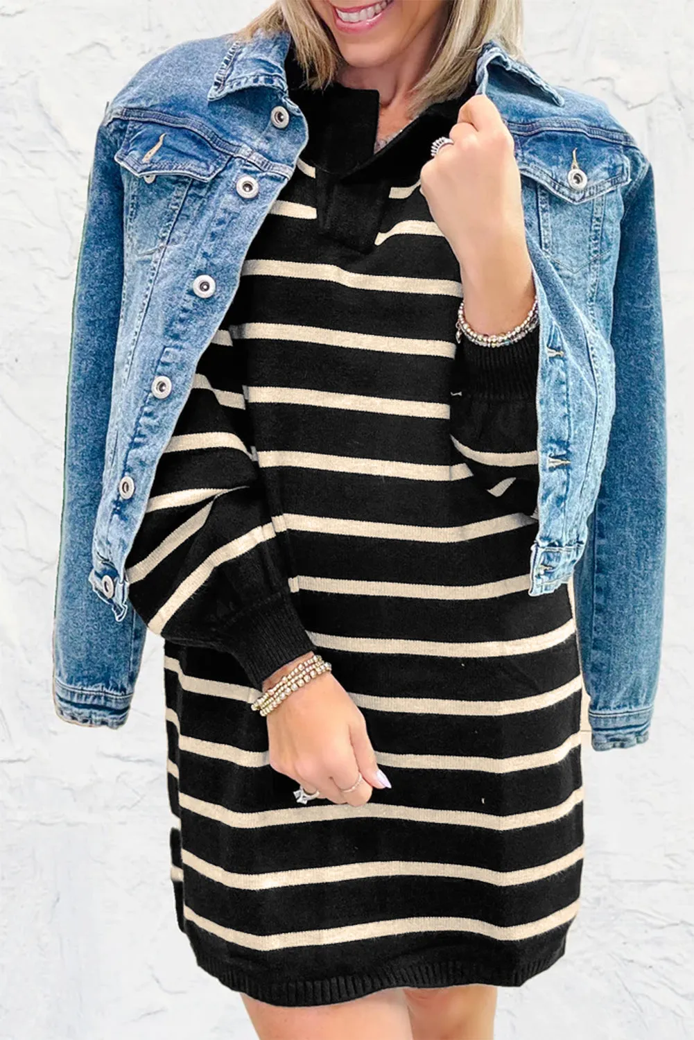 Striped Polo Collar Puff Sleeve Sweater Mini Dress sold by Beagle Boutique product image thumbnail 2
