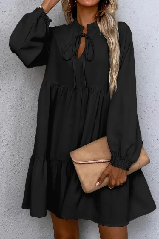 Black Tie Neck Smock Dress Long Sleeve Ruffle Hem sold by Beagle Boutique