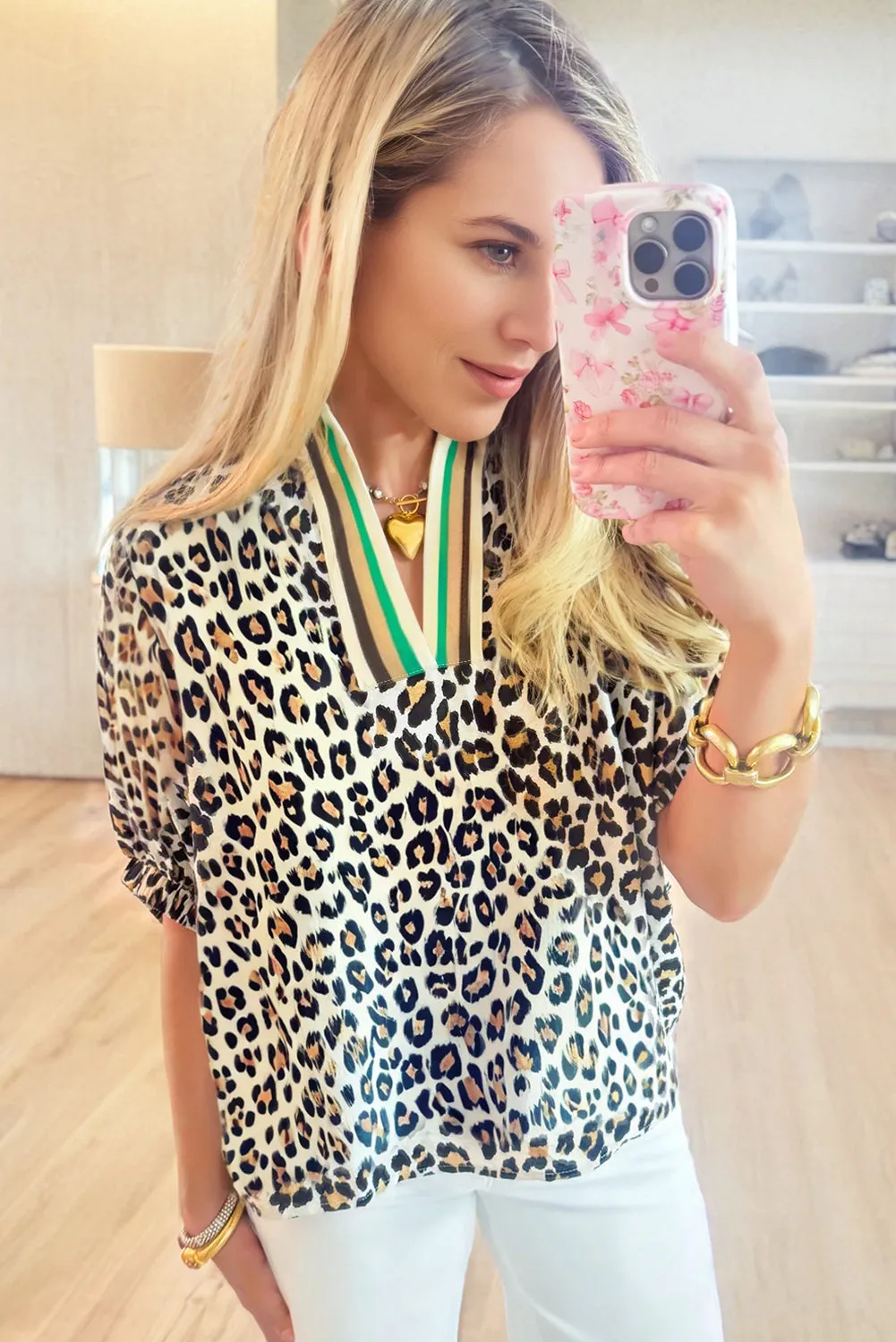 Leopard Contrast Striped V-Neck Loose Fit Blouse sold by Beagle Boutique product image thumbnail 2