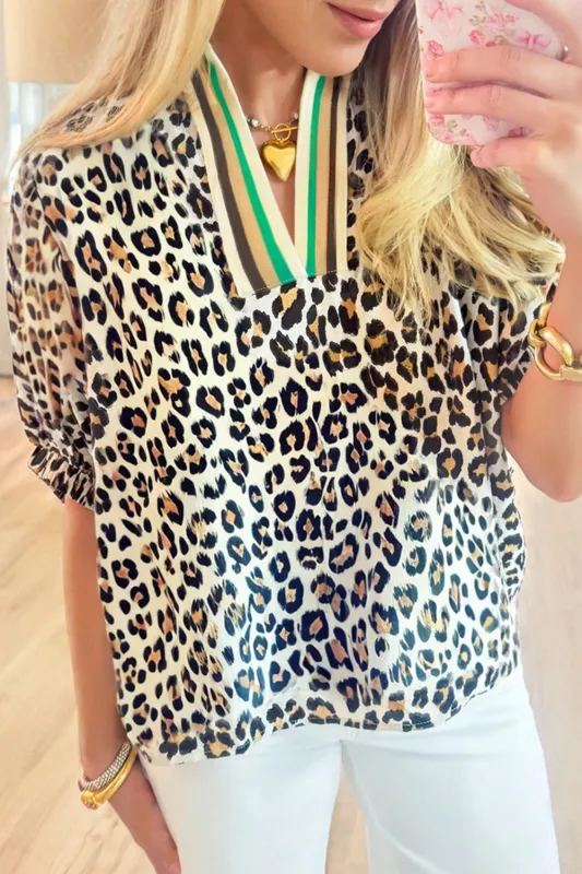 Leopard Contrast Striped V-Neck Loose Fit Blouse sold by Beagle Boutique