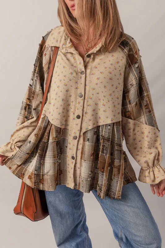 Boho Floral Plaid Patchwork Distressed Detail Ruffled Sleeve Waffle Shacket sold by Beagle Boutique