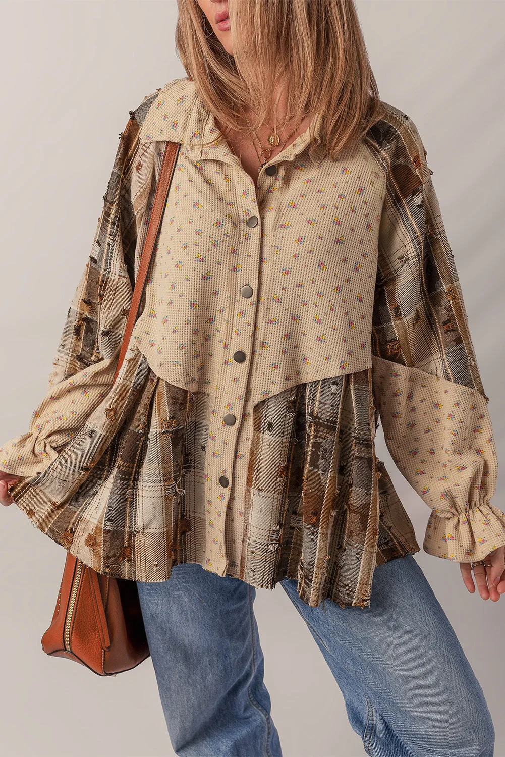 Boho Floral Plaid Patchwork Distressed Detail Ruffled Sleeve Waffle Shacket sold by Beagle Boutique