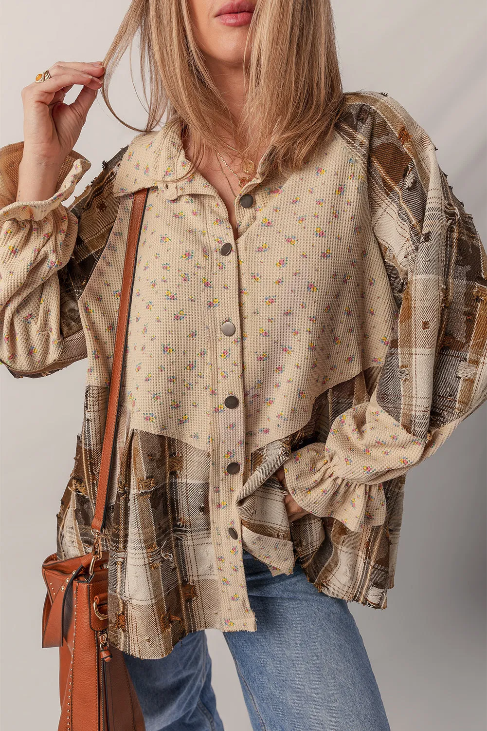 Boho Floral Plaid Patchwork Distressed Detail Ruffled Sleeve Waffle Shacket sold by Beagle Boutique product image thumbnail 4