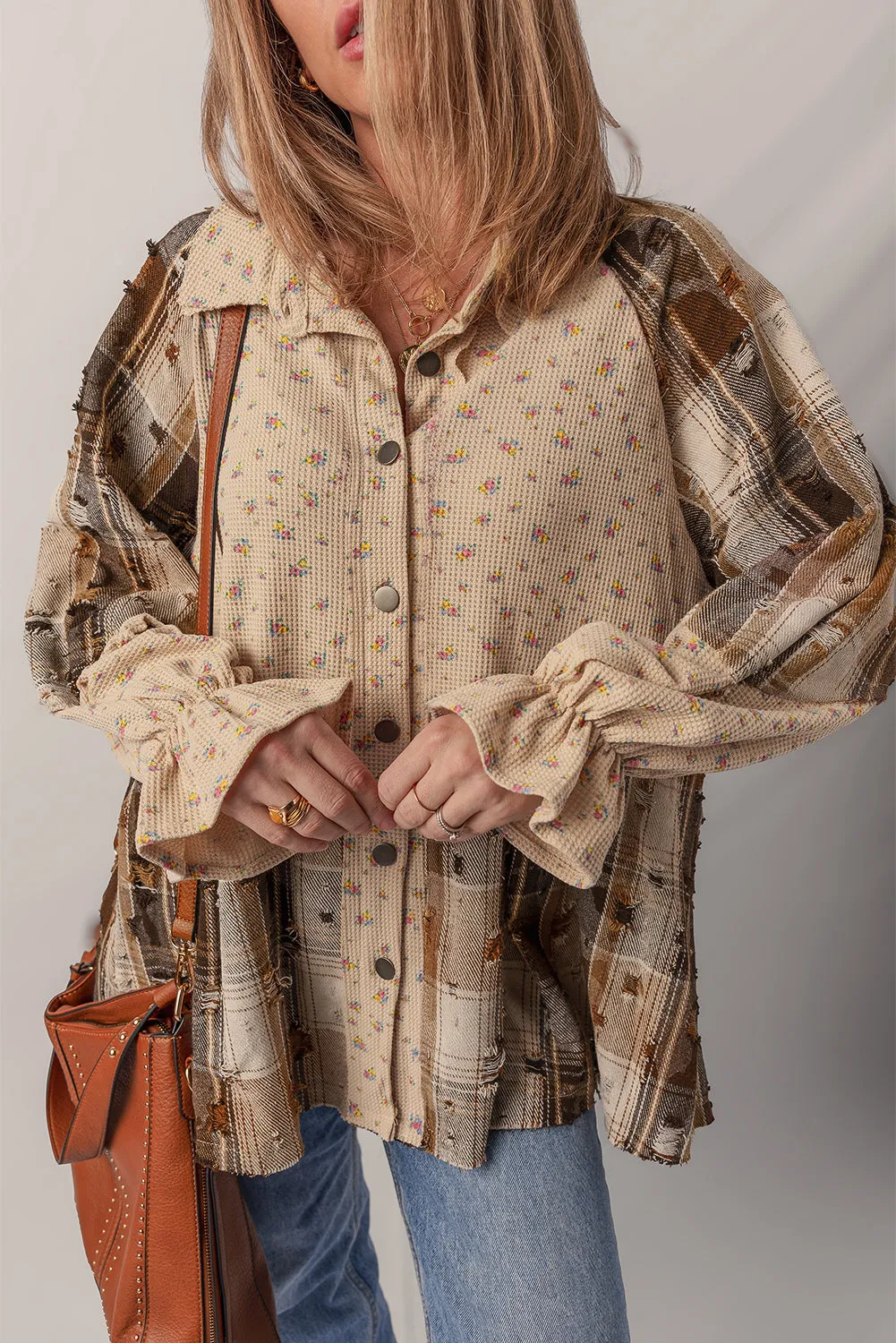 Boho Floral Plaid Patchwork Distressed Detail Ruffled Sleeve Waffle Shacket sold by Beagle Boutique product image thumbnail 3