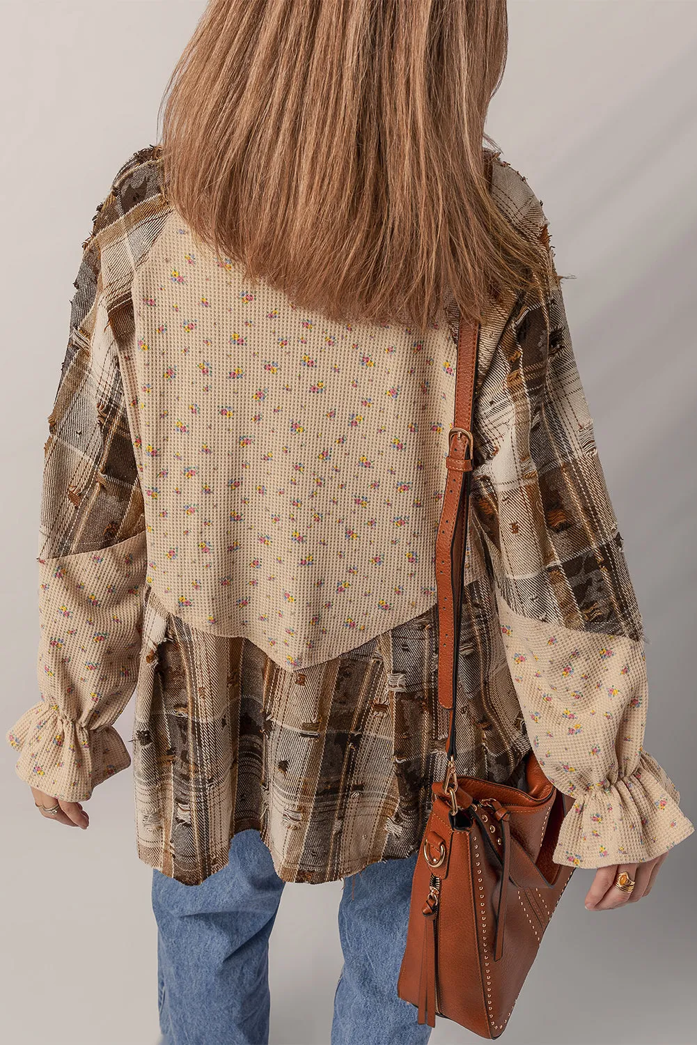 Boho Floral Plaid Patchwork Distressed Detail Ruffled Sleeve Waffle Shacket sold by Beagle Boutique product image thumbnail 2