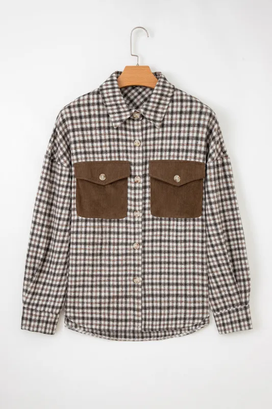 Casual Contrast Soft Corduroy Patchwork Plaid Shacket sold by Beagle Boutique