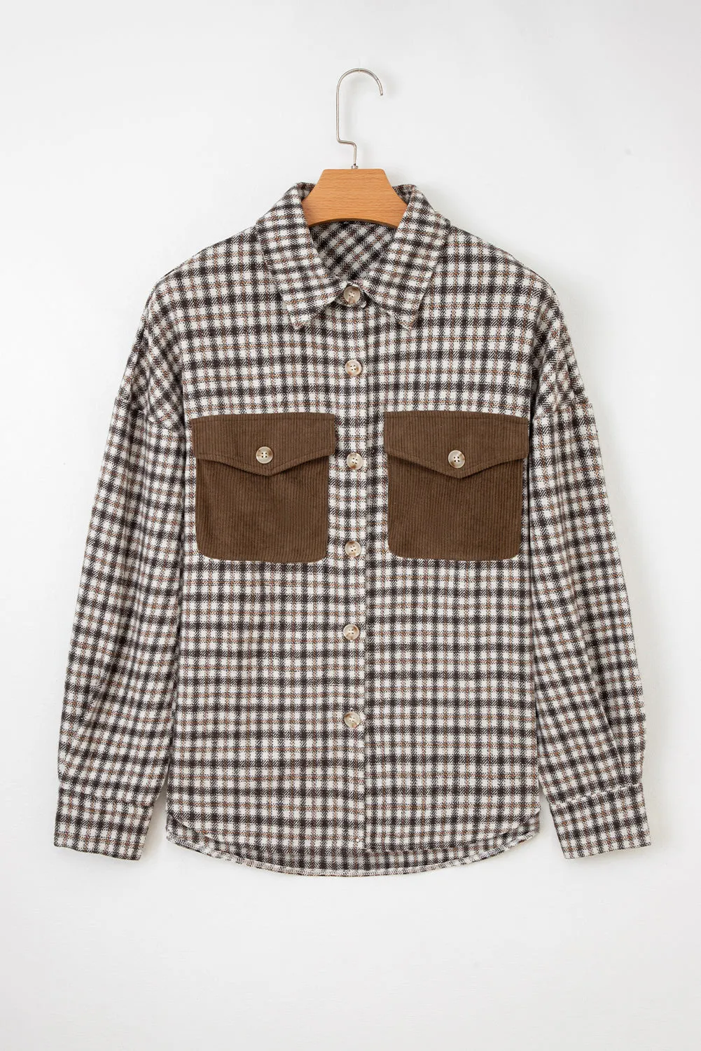 Casual Contrast Soft Corduroy Patchwork Plaid Shacket sold by Beagle Boutique
