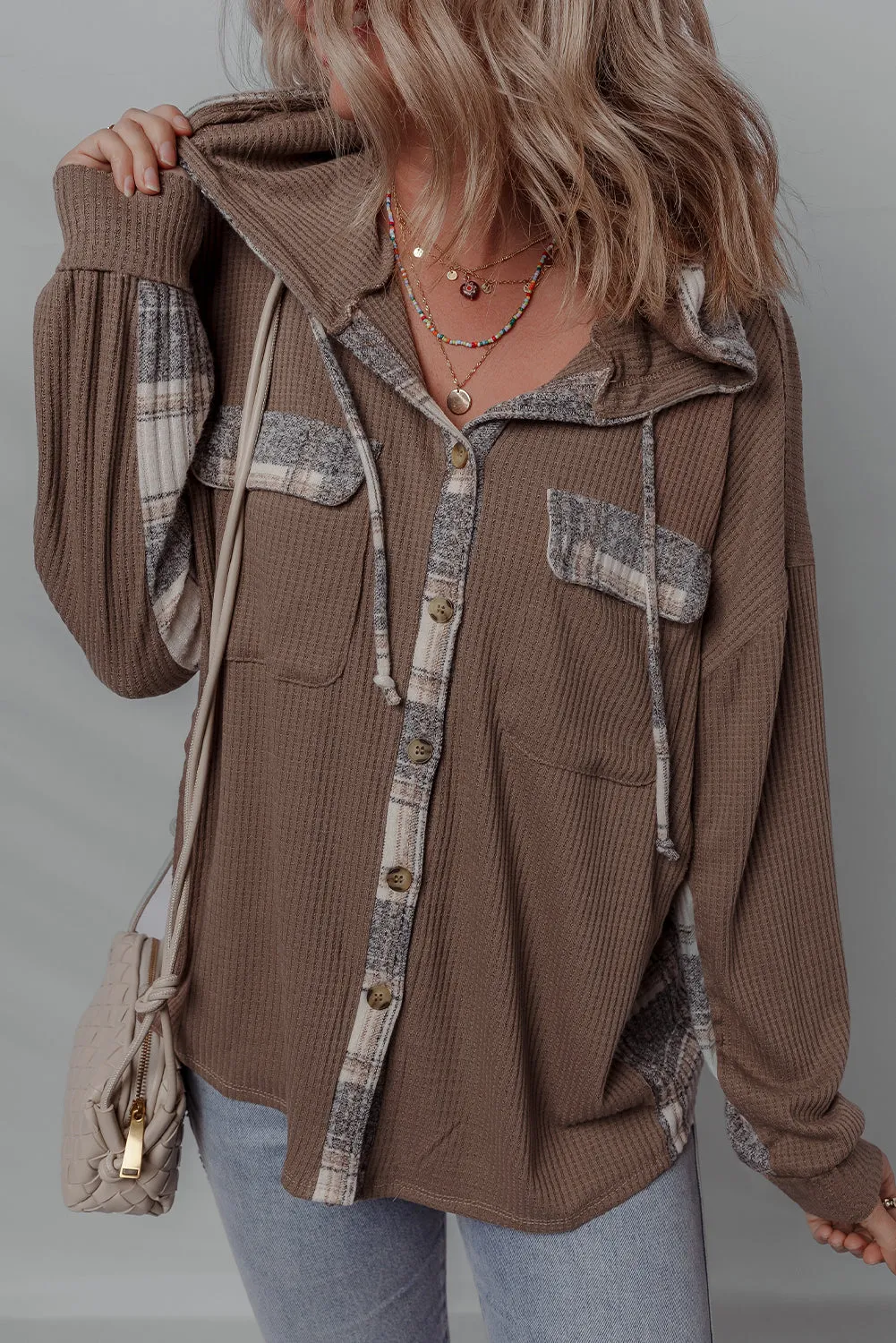 Plaid Patchwork Button Down Drawstring Hooded Shacket sold by Beagle Boutique product image thumbnail 3