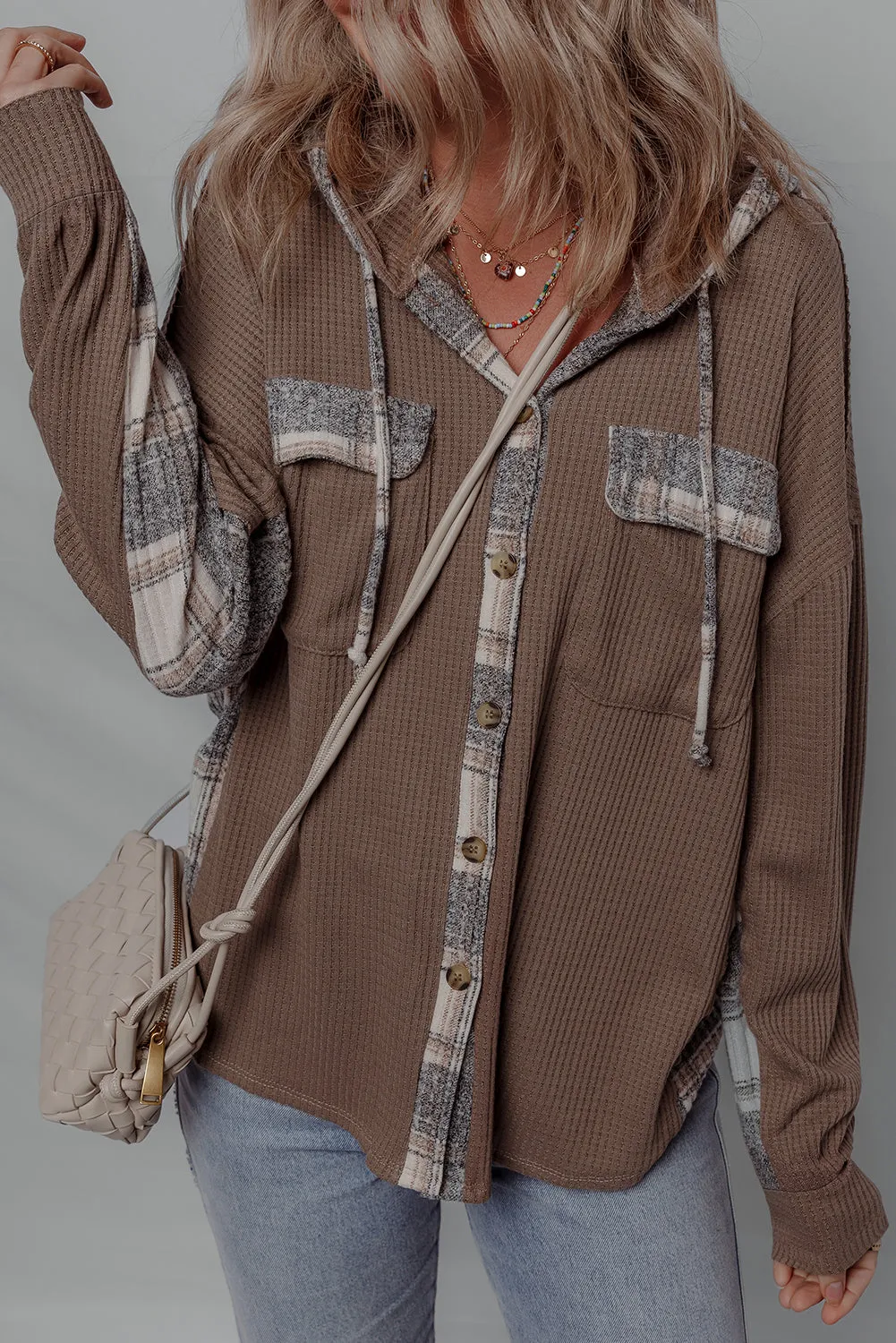 Plaid Patchwork Button Down Drawstring Hooded Shacket sold by Beagle Boutique