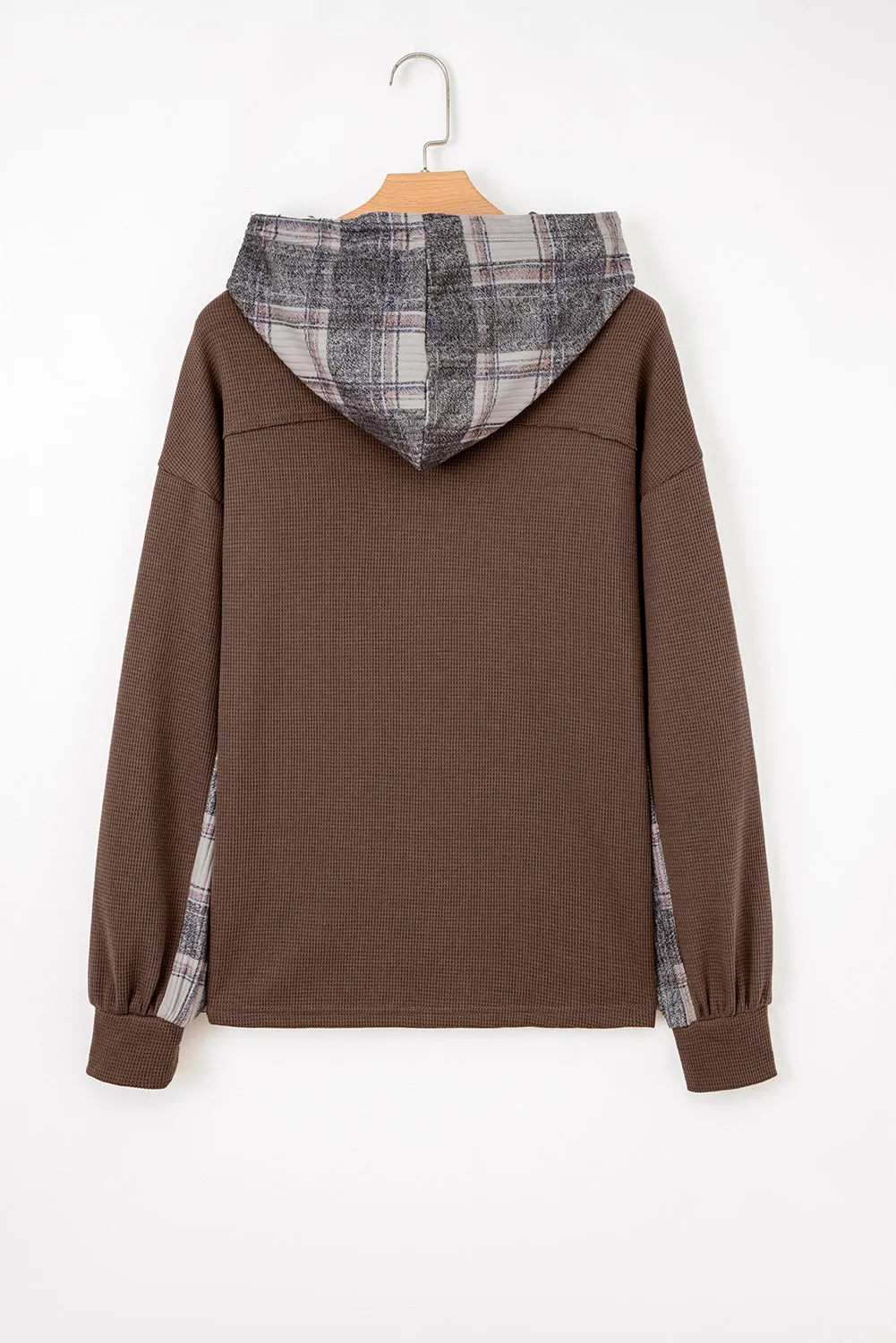 Plaid Patchwork Button Down Drawstring Hooded Shacket sold by Beagle Boutique product image thumbnail 5
