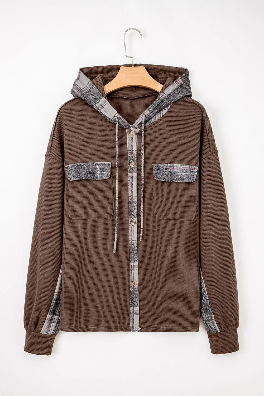 Plaid Patchwork Button Down Drawstring Hooded Shacket sold by Beagle Boutique product image thumbnail 4