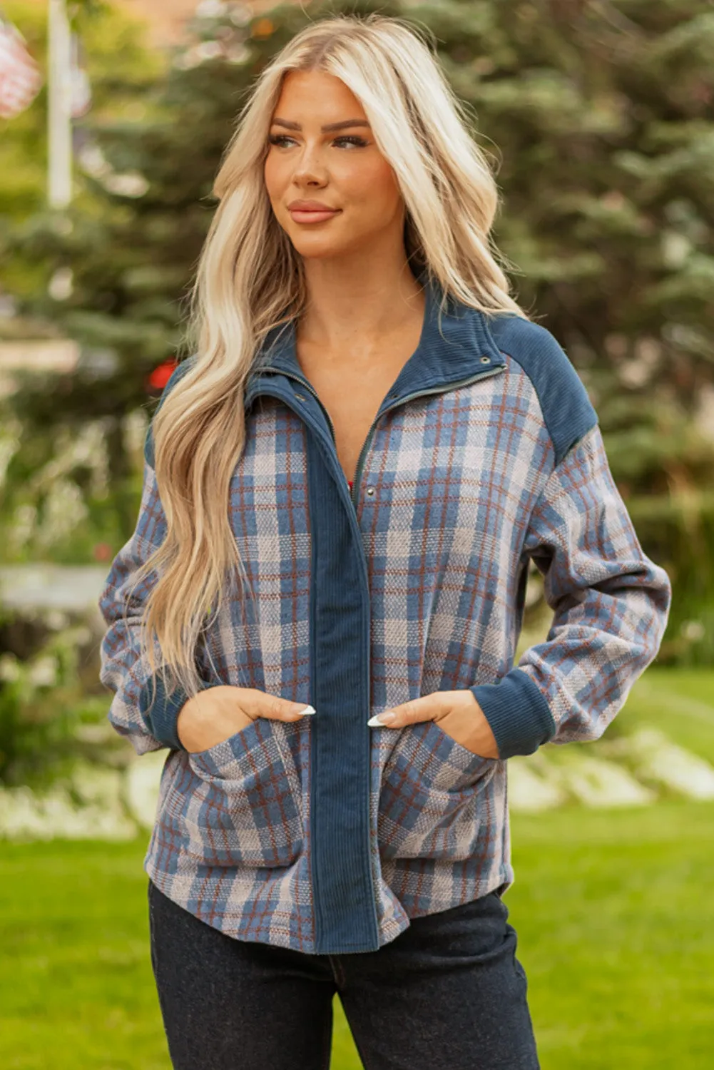 Plaid Soft Corduroy Patchwork Collared Zip-Up Snap Button Jacket sold by Beagle Boutique product image thumbnail 4