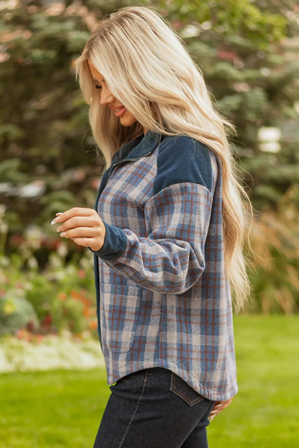 Plaid Soft Corduroy Patchwork Collared Zip-Up Snap Button Jacket sold by Beagle Boutique product image thumbnail 3