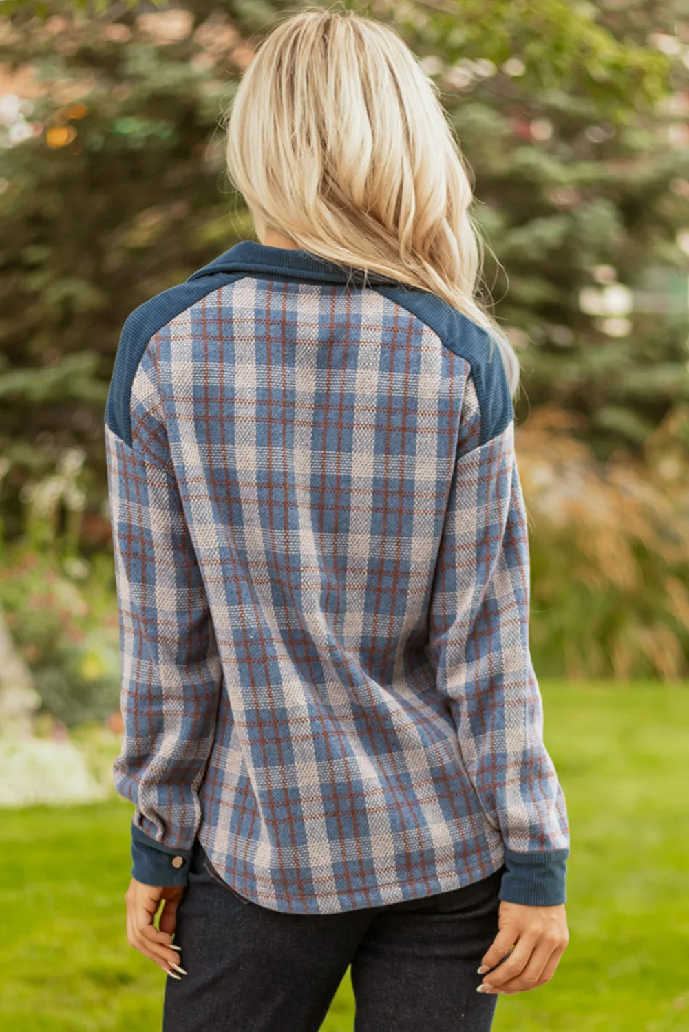 Plaid Soft Corduroy Patchwork Collared Zip-Up Snap Button Jacket sold by Beagle Boutique product image thumbnail 2