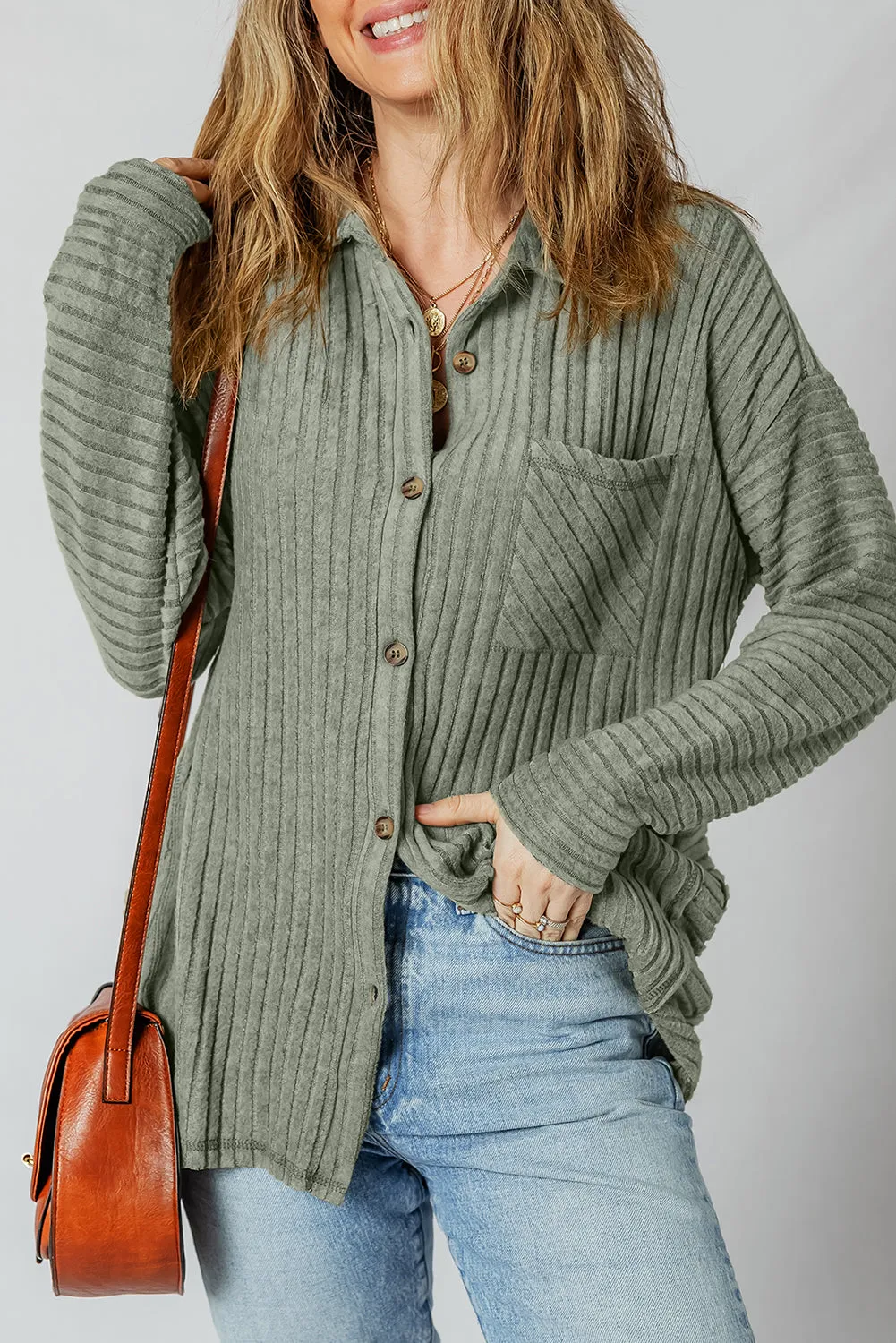 Green Thermal Ribbed Texture Drop Shoulder Button Up Shacket sold by Beagle Boutique