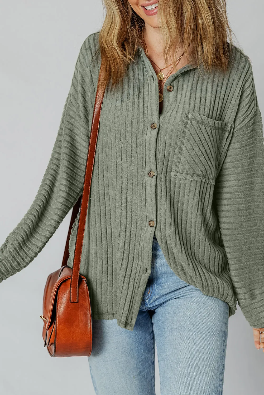 Green Thermal Ribbed Texture Drop Shoulder Button Up Shacket sold by Beagle Boutique product image thumbnail 3