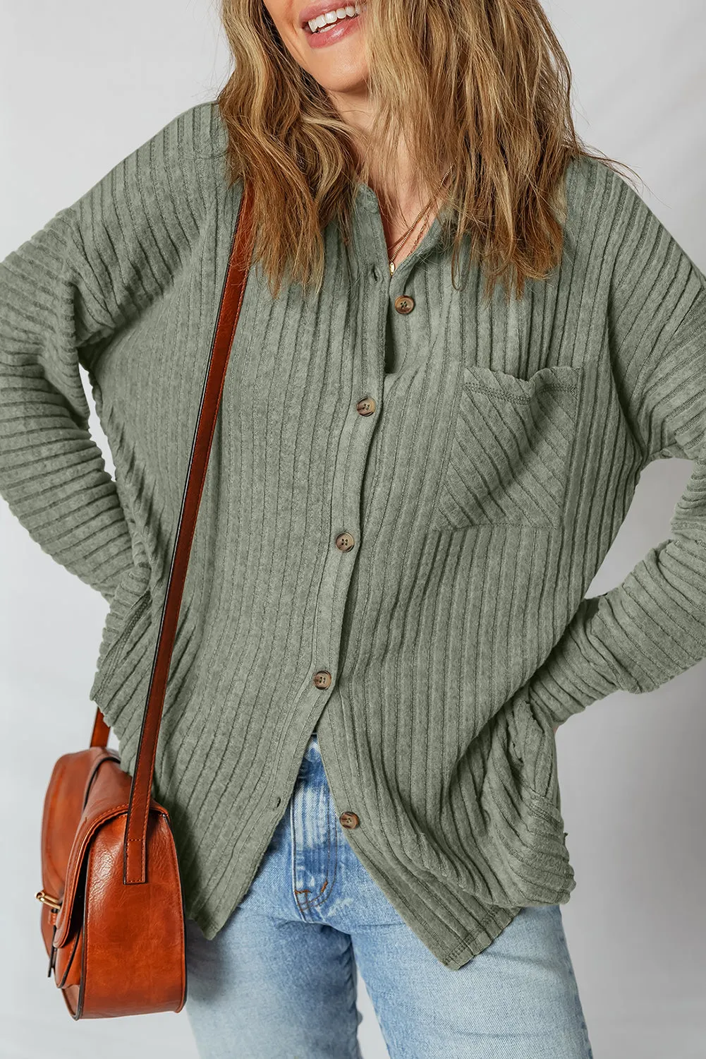 Green Thermal Ribbed Texture Drop Shoulder Button Up Shacket sold by Beagle Boutique product image thumbnail 4