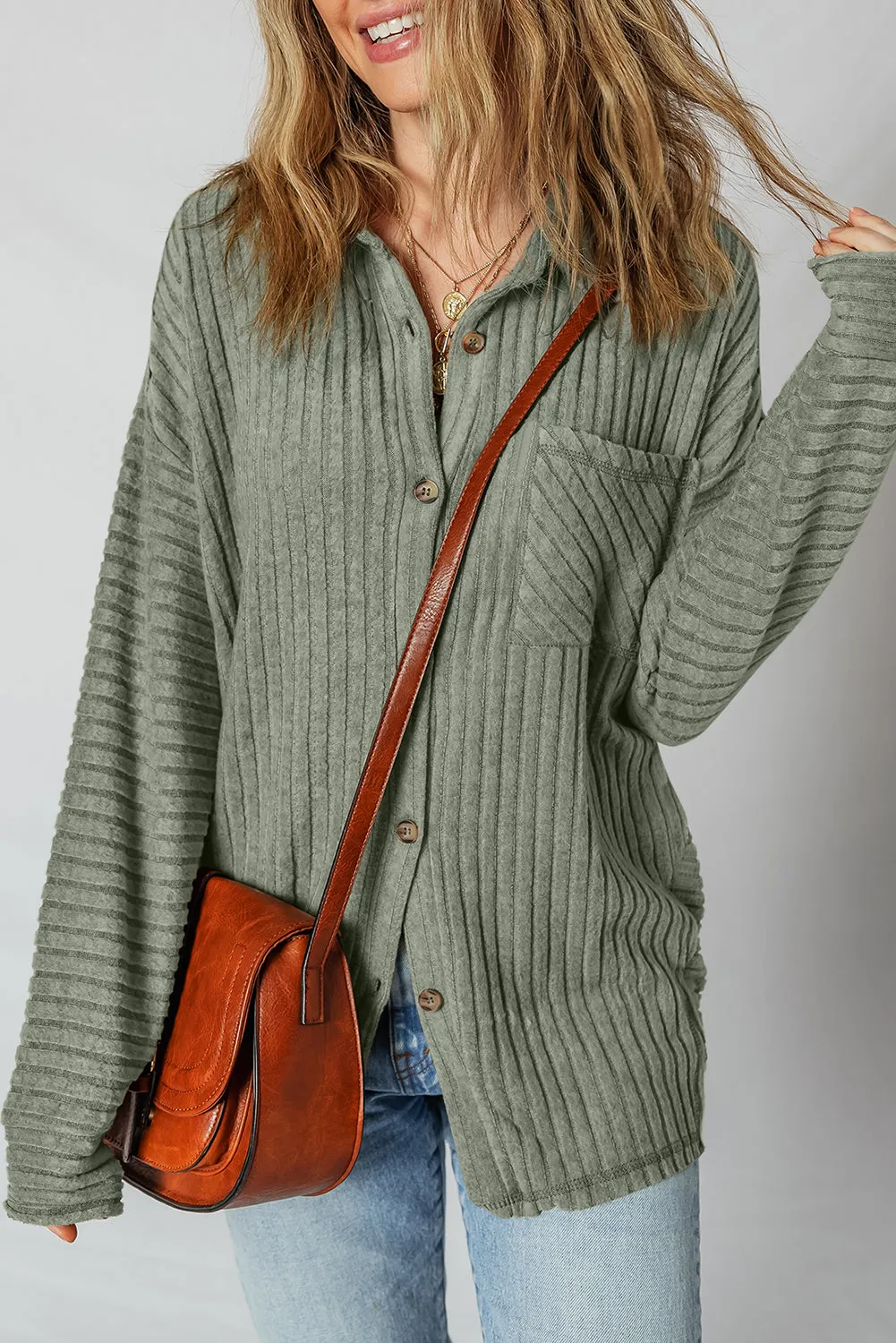 Green Thermal Ribbed Texture Drop Shoulder Button Up Shacket sold by Beagle Boutique product image thumbnail 5