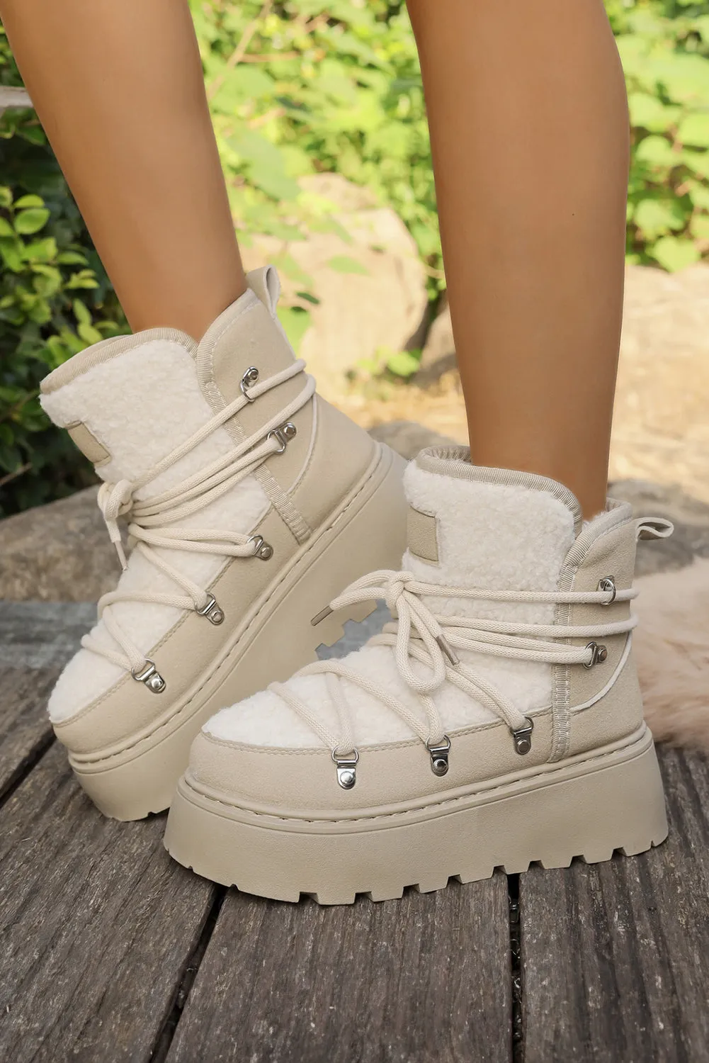 Sherpa PU Leather Patchwork Lace-up Thick Bottom Snow Boots sold by Beagle Boutique product image thumbnail 2