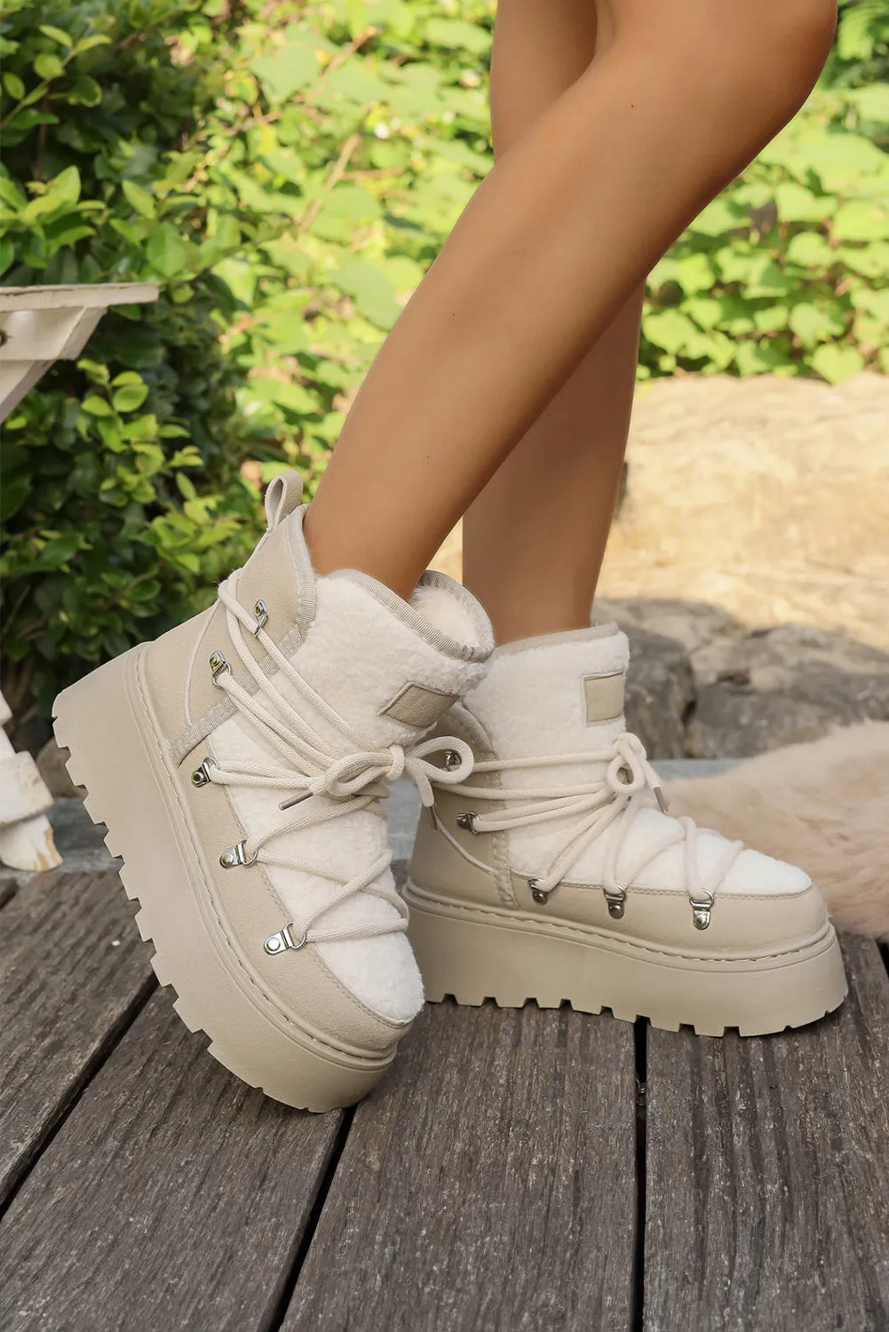 Sherpa PU Leather Patchwork Lace-up Thick Bottom Snow Boots sold by Beagle Boutique product image thumbnail 5