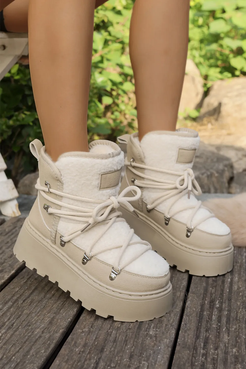 Sherpa PU Leather Patchwork Lace-up Thick Bottom Snow Boots sold by Beagle Boutique product image thumbnail 4