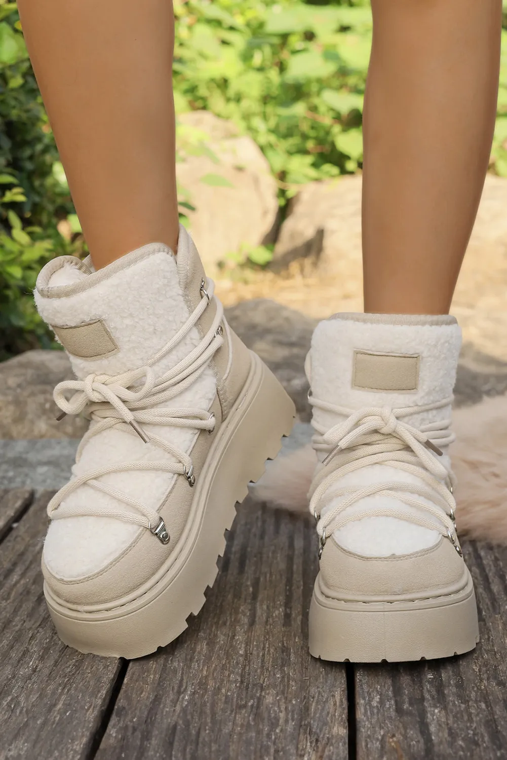 Sherpa PU Leather Patchwork Lace-up Thick Bottom Snow Boots sold by Beagle Boutique