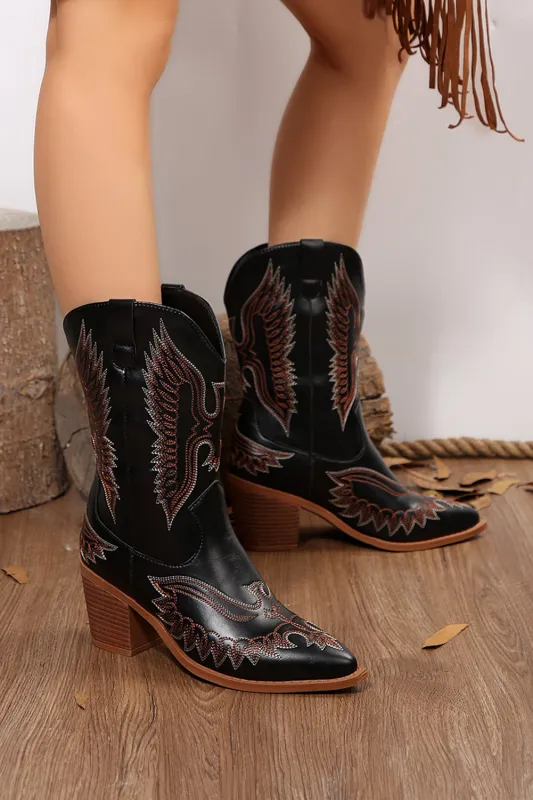 Black Embroidered Pattern Point Toe Mid Calf Boots sold by Beagle Boutique