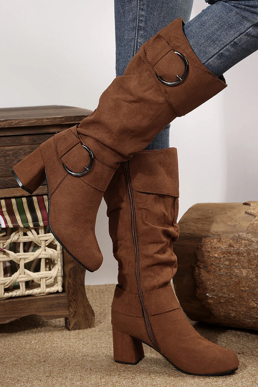 Brown Faux Suede Double Buckled Side Zipped Mid-calf Boots sold by Beagle Boutique