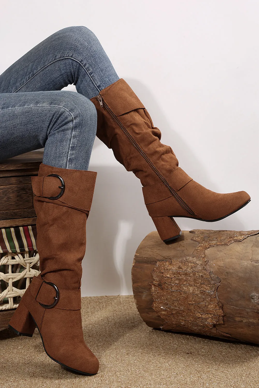 Brown Faux Suede Double Buckled Side Zipped Mid-calf Boots sold by Beagle Boutique product image thumbnail 4