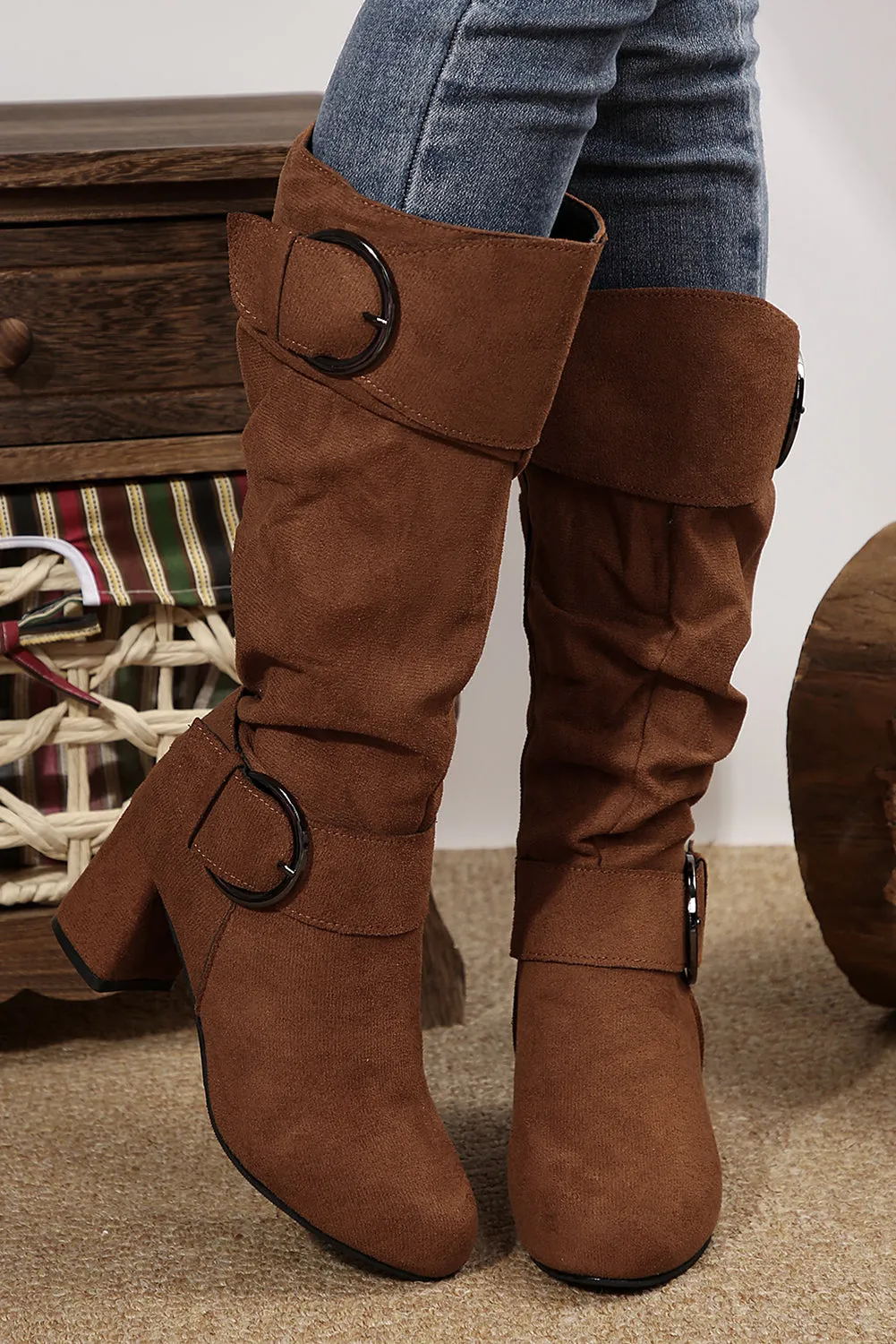 Brown Faux Suede Double Buckled Side Zipped Mid-calf Boots sold by Beagle Boutique product image thumbnail 3