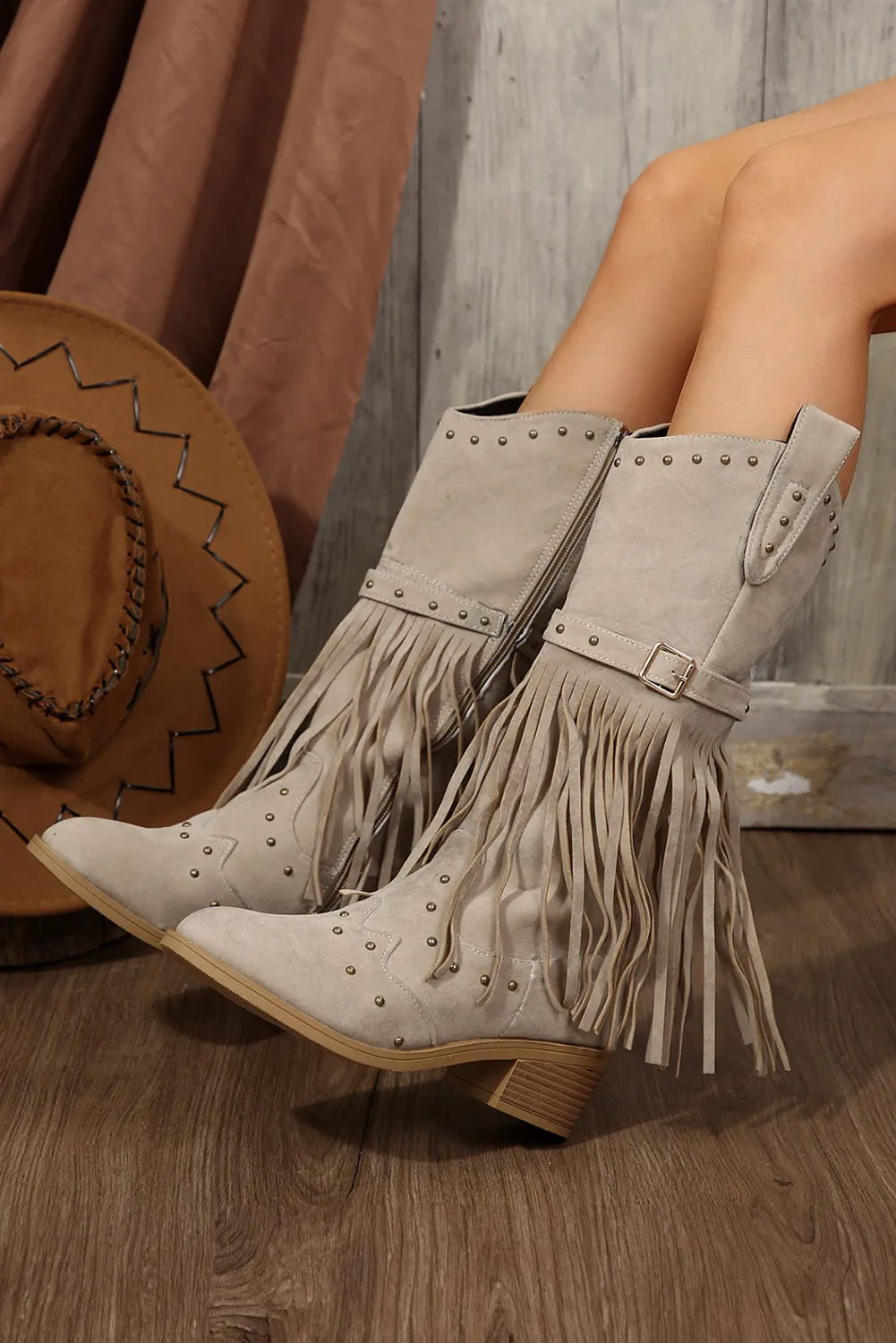 Beige Faux Suede Studded Fringe Trim Heel Boots sold by Beagle Boutique product image thumbnail 4