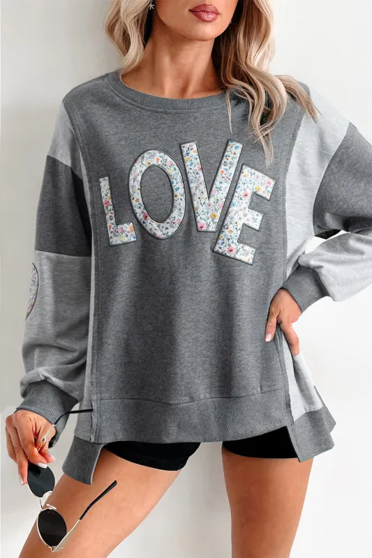 LOVE Graphic Exposed Seam Patchwork Uneven Hem Chic Sweatshirt made by eAura