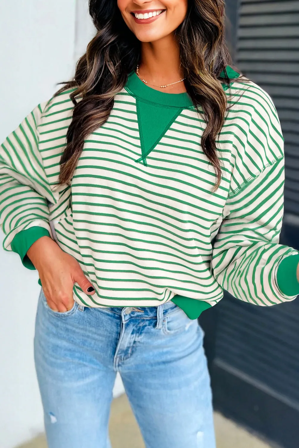 Green Striped Exposed Seam Oversized Pullover Top sold by Beagle Boutique product image thumbnail 2