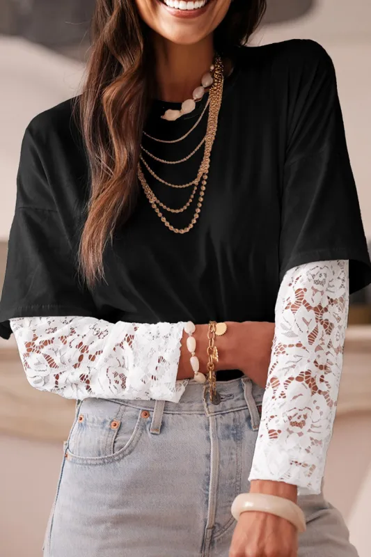 Lace Long Sleeve Insert Drop Shoulder Tee sold by Beagle Boutique