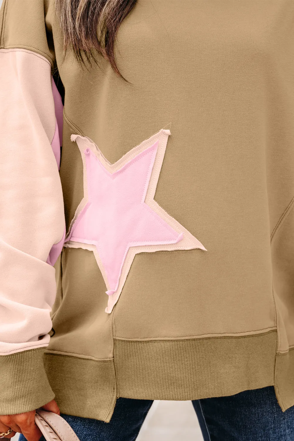 Contrast Star Patchwork Exposed Seam Uneven Hem Drop Shoulder Sweatshirt sold by Beagle Boutique product image thumbnail 5