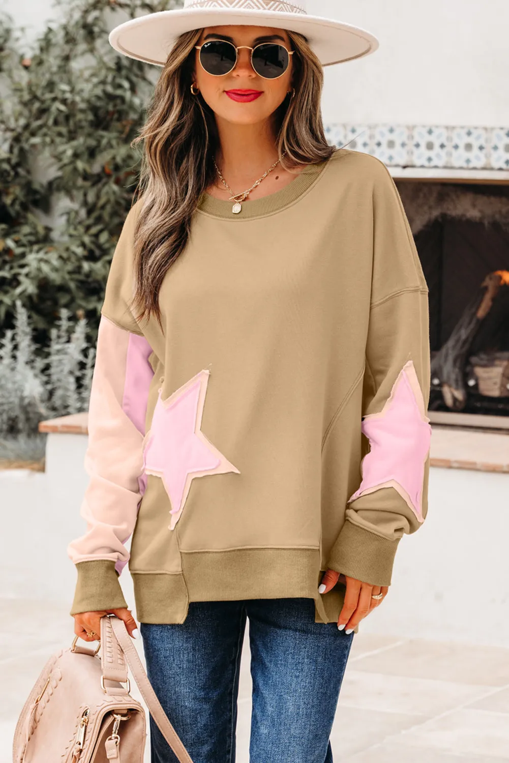 Contrast Star Patchwork Exposed Seam Uneven Hem Drop Shoulder Sweatshirt sold by Beagle Boutique