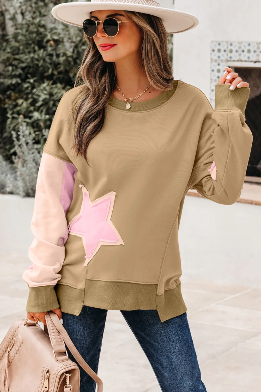 Contrast Star Patchwork Exposed Seam Uneven Hem Drop Shoulder Sweatshirt sold by Beagle Boutique product image thumbnail 4