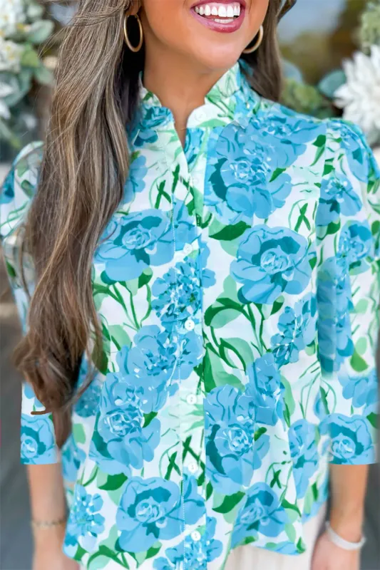 Floral Frilled Collar Three Quarters Sleeve Elegant Shirt sold by Beagle Boutique