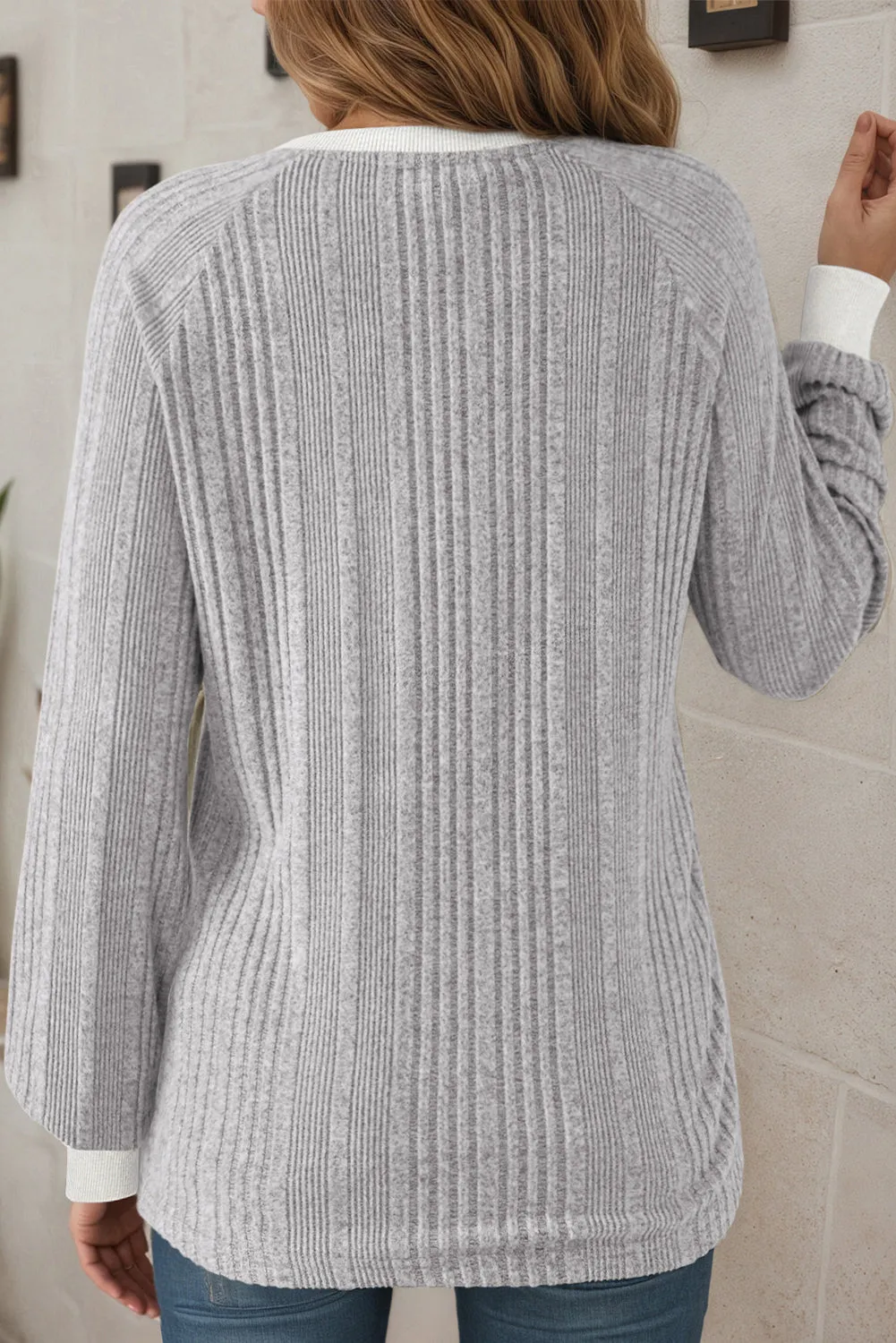Ribbed Contrast Cuffed Round Neck Long Sleeve T Shirt sold by Beagle Boutique product image thumbnail 4