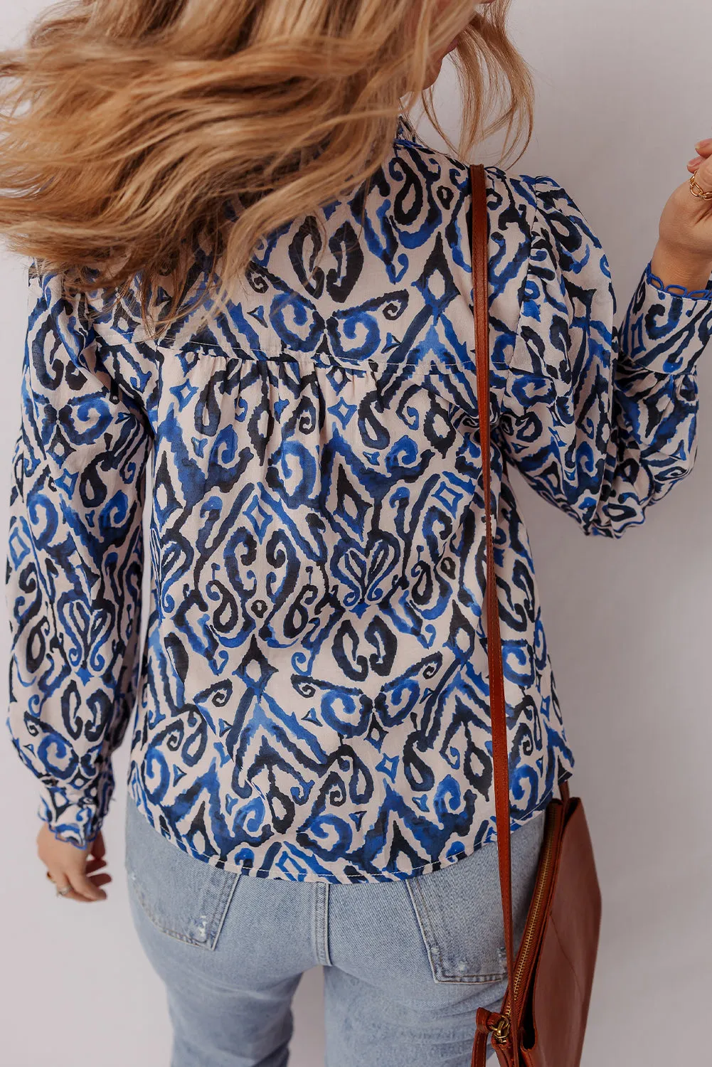 Blue Bohemian Print Embroidered V-Neck Long Sleeve Blouse sold by Beagle Boutique product image thumbnail 2