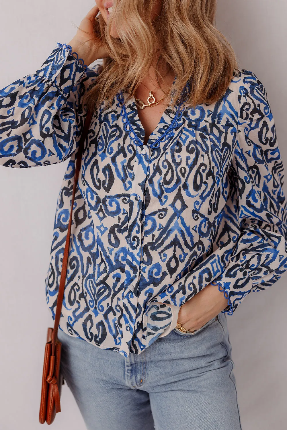 Blue Bohemian Print Embroidered V-Neck Long Sleeve Blouse sold by Beagle Boutique product image thumbnail 4