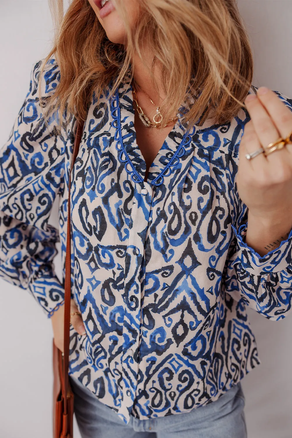 Blue Bohemian Print Embroidered V-Neck Long Sleeve Blouse sold by Beagle Boutique product image thumbnail 3