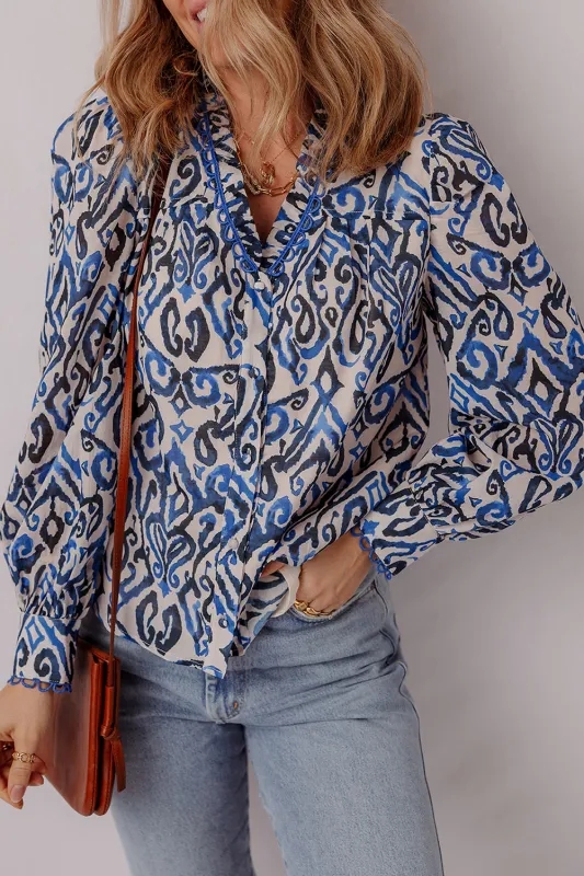 Blue Bohemian Print Embroidered V-Neck Long Sleeve Blouse sold by Beagle Boutique